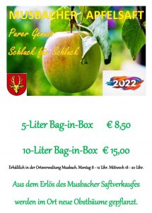 Musbacher Apfelsaft in der Ortschaftsverwaltung kaufen