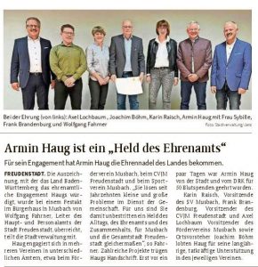 Armin Haug erhält die Ehrennadel des Landes Baden-Württemberg